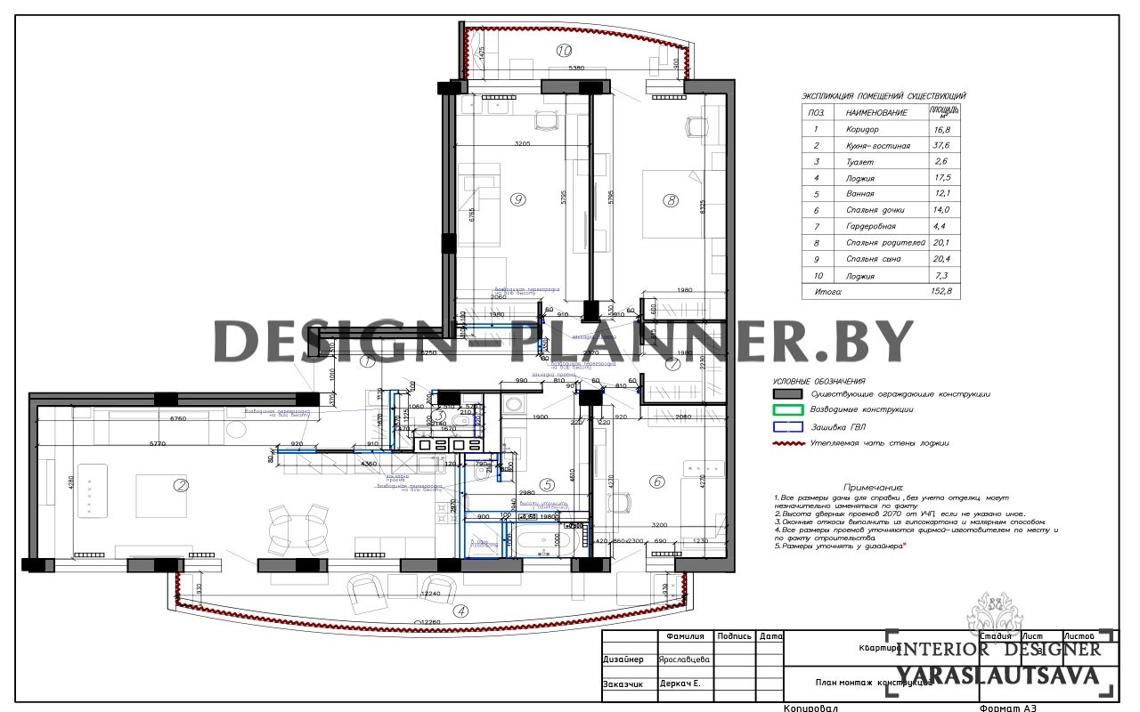 Дизайнерский план монтажа вновь возводимых перегородок в квартире, дома или в коттедже согласно утвержденному дизайн-проекту