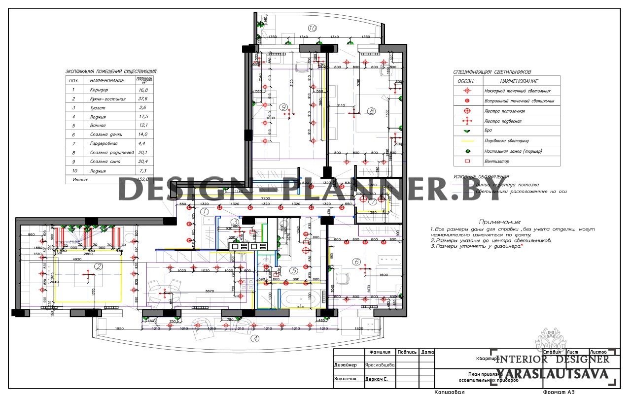 Дизайнерский план расстановки и монтажа основных осветительных приборов в квартире, дома или в коттедже согласно утвержденному дизайн-проекту.