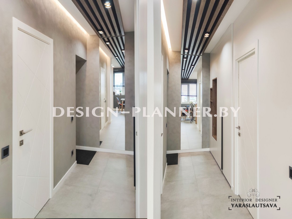 Реализация дизайна интерьера квартиры в ЖК "Минск Мир" в современной стиле с элементами Лофт и минимализм. 