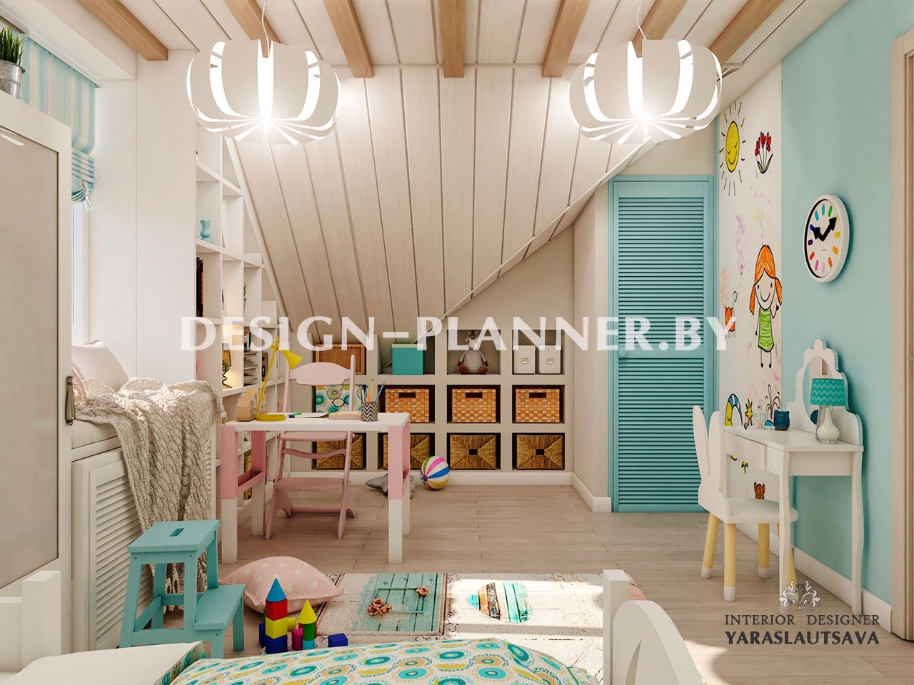 Все потолки детской комнаты обшиты натуральным материалом "Евро Вагонка".